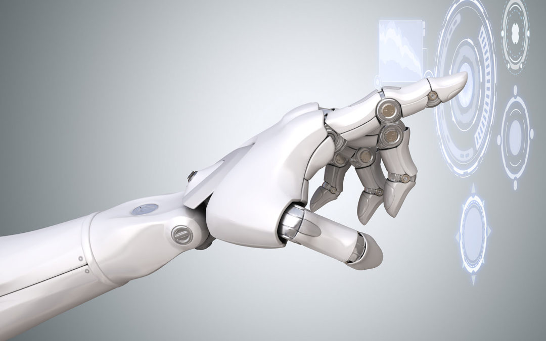 Robot's arm working with Virtual Reality touchscreen forecasting software analyzes sales record