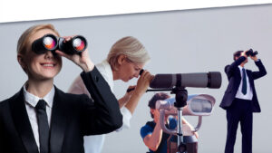 Style business group in classic business suits with binoculars and telescopes reproduce different forecasting methods