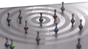 3D illustration of a target with pawns over black background. Everybody forecasts to drive inventory planning concept.