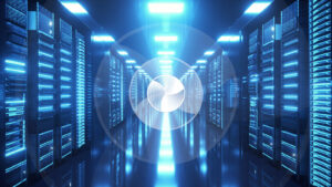 Data center with endless servers. Network and information servers behind glass panels. Cloud computing data storage.